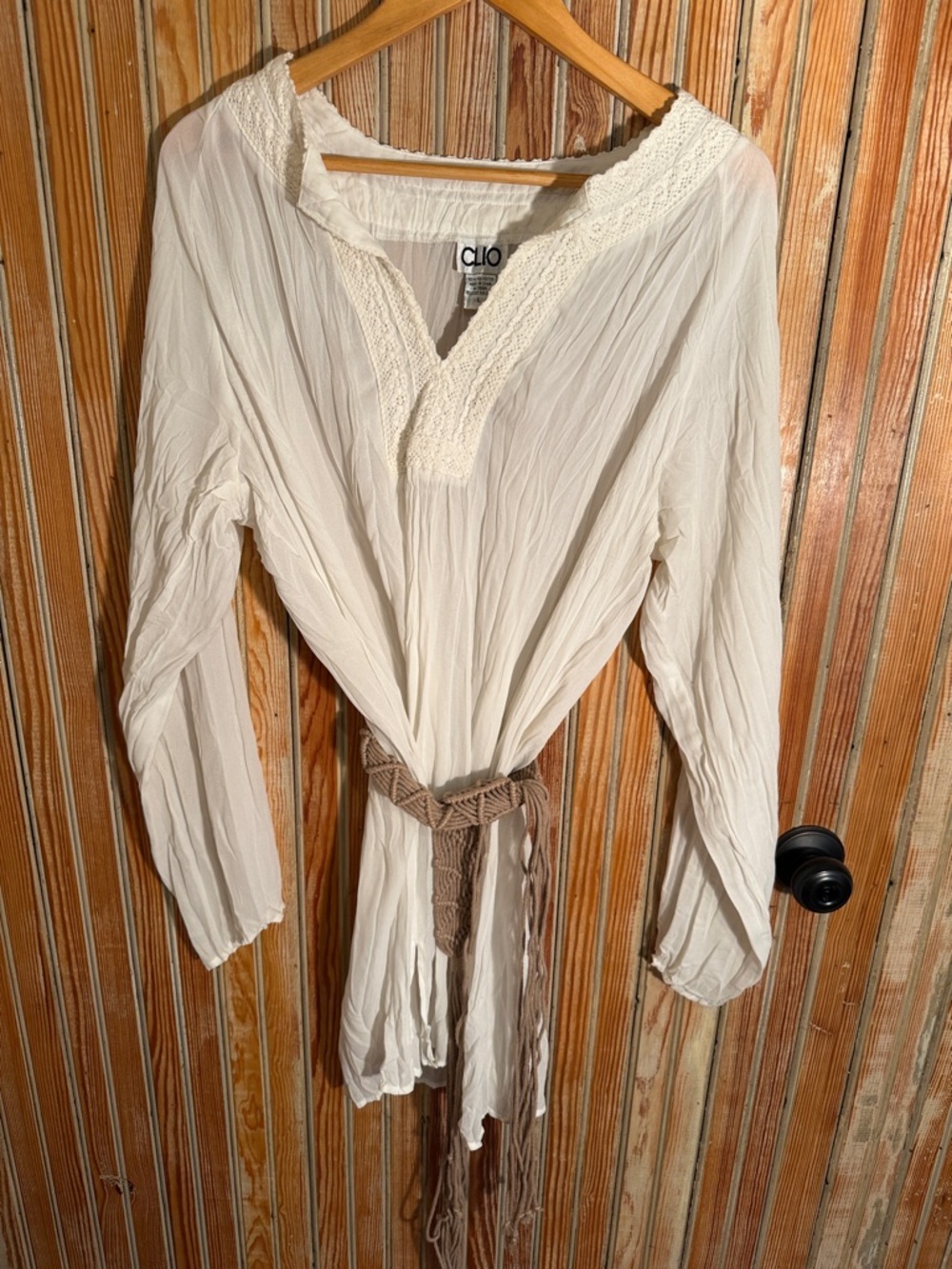 Clio Cream Lace-Trim Bohemian Tunic with Tan Fringe Belt
